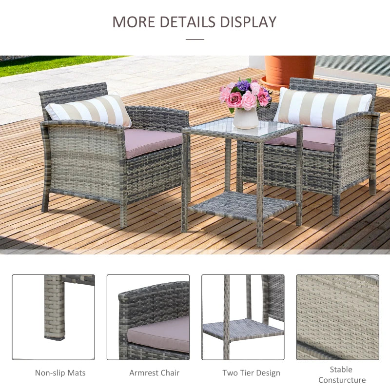 Outsunny 3 Piece Patio Furniture Set, PE Rattan Wicker Storage Table and Chairs w/ Tufted Cushions for Outdoor Garden, Backyard, Poolside, Balcony, Gray