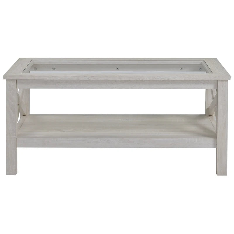 HOMCOM Farmhouse Style Coffee Table with Wood Frame, Tempered Glass Tabletop and Underneath Storage Shelf for Living Room, White Oak