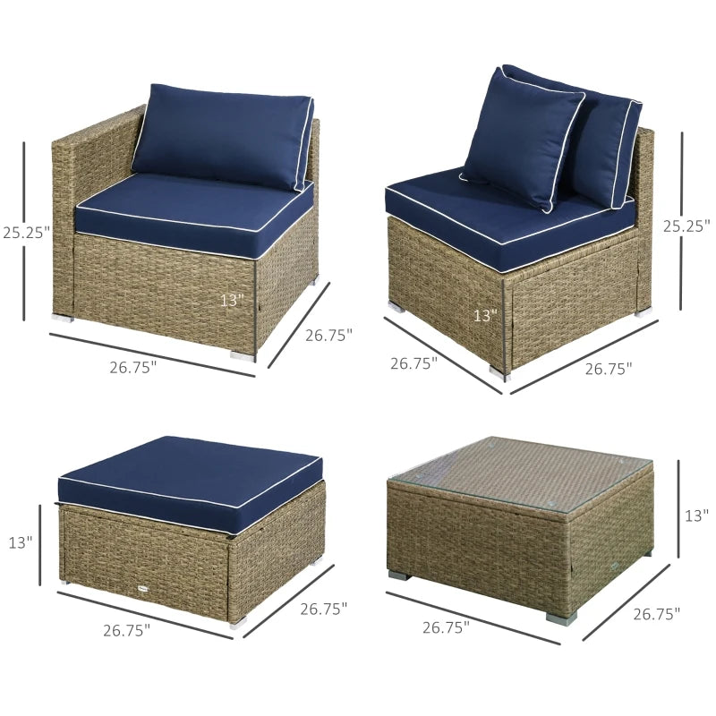 Outsunny 6 Pieces Patio Furniture Sets Outdoor Wicker Conversation Sets All Weather PE Rattan Sectional sofa set with Ottoman, Cushions & Tempered Glass Desktop, Yellow / Navy Blue
