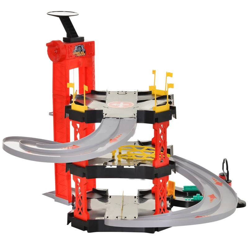 Qaba 3-Level Parking Garage Playset Racetrack with Cars & Helicopter Ramp Elevator for Boys and Girls 3+-Year-Old