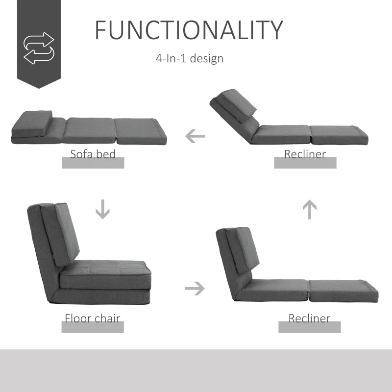 HOMCOM Convertible Flip Chair, Folding Upholstered Floor Sofa, Adjustable Guest Chaise Lounge, Dorm Bed with Metal Frame for Living Room and Bedroom, Dark Grey