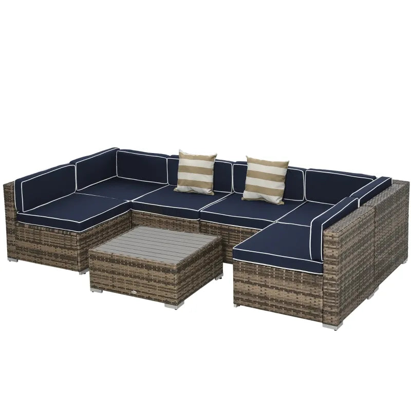 Outsunny 7 Piece Outdoor Patio Furniture Set, PE Rattan Wicker Sectional Sofa Set with Couch Cushions, Throw Pillows and Black Coffee Table, Double Gray