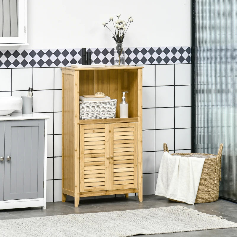 HOMCOM Bamboo Floor Cabinet Bathroom Floor Cabinet Living Room Organizer Tower with Multiple Shelves and Doors, Natural