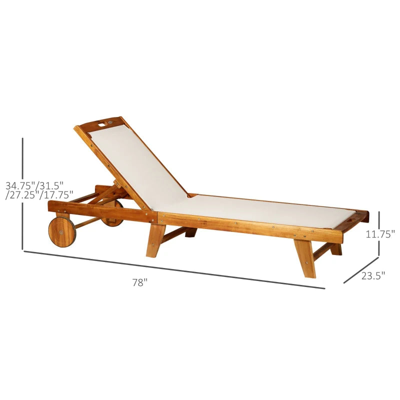 Outsunny Mesh Acacia Wood Adjustable Outdoor Sun Lounger with Wheels