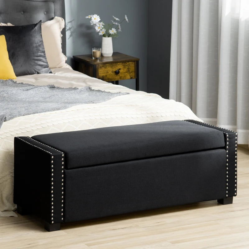 HOMCOM Nailhead Trim Upholstered Flip Top Storage Bench, Fabric Ottoman for Bedroom, or Living room, Light Grey