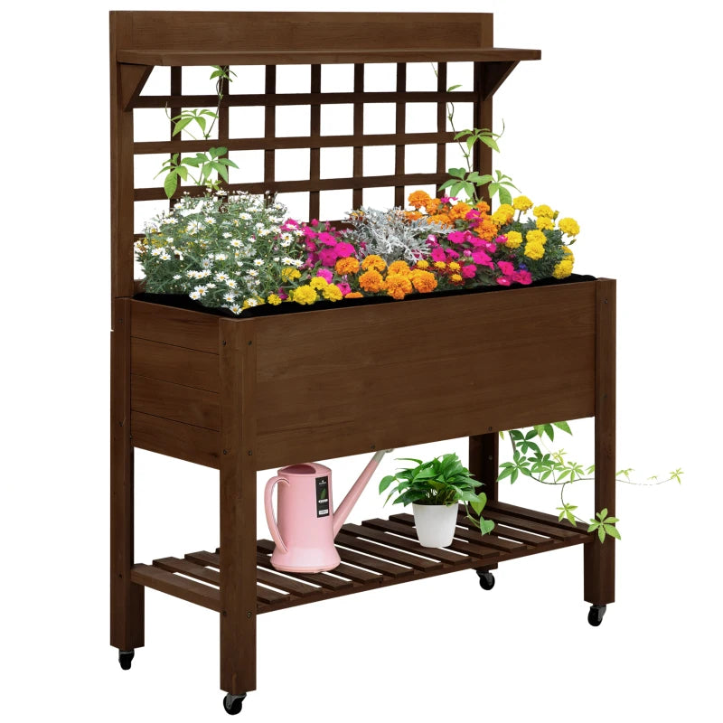 Outsunny 41" Raised Garden Bed Mobile Elevated Wooden Planter Box Stand with Wheels, Trellis and Storage Shelf, Dark Brown