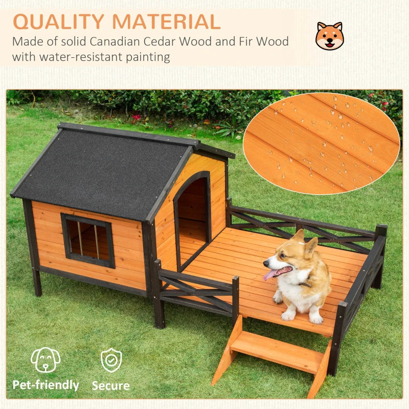 PawHut Small/Medium Dog House with Porch for Expansive Size, Wooden Elevated Dog Shelter, 67", Natural