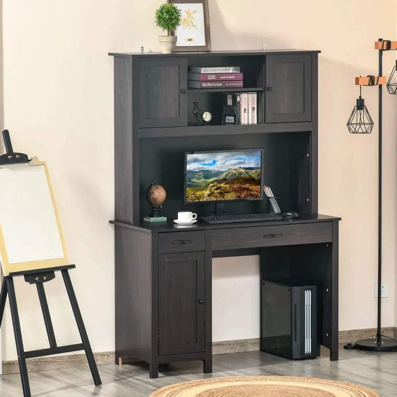 HOMCOM Computer Desk with Hutch, Home Office Workstation with Storage Shelves Drawers Cabinets, Coffee