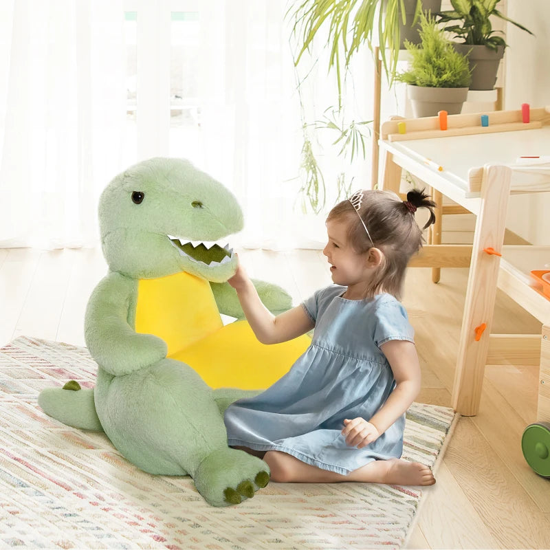 Qaba Animal Kids Character Chair Cartoon Sofa Armrest Chair Cute Dinosaur Stuffed Flannel PP Cotton, Green