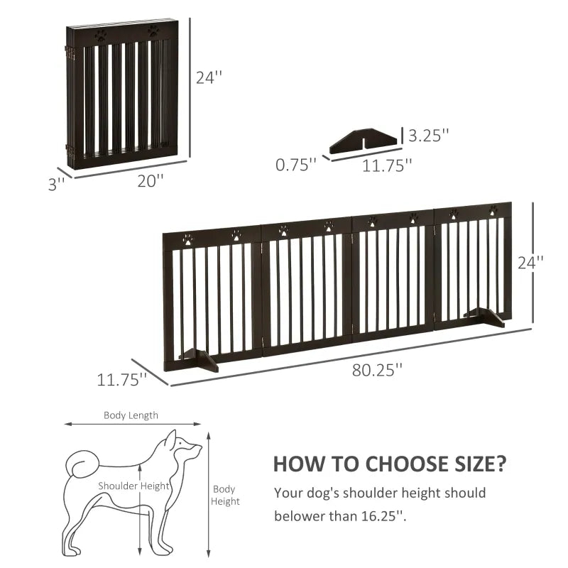 PawHut Freestanding Pet Gate 4 Panel Folding Wooden Dog Barrier w/ Support Feet, Brown