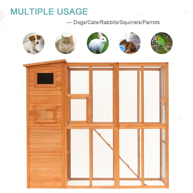 PawHut Wooden Cat Home Enclosure Pet House Shelter Cage Outdoor Play Area Run, White