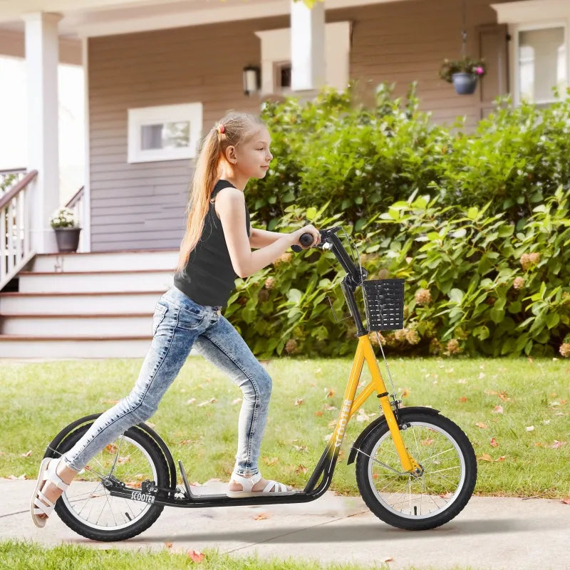 ShopEZ USA Youth Scooter, Kick Scooter with Adjustable Handlebars, Double Brakes, 16" Inflatable Rubber Tires, Basket, Cupholder, Orange