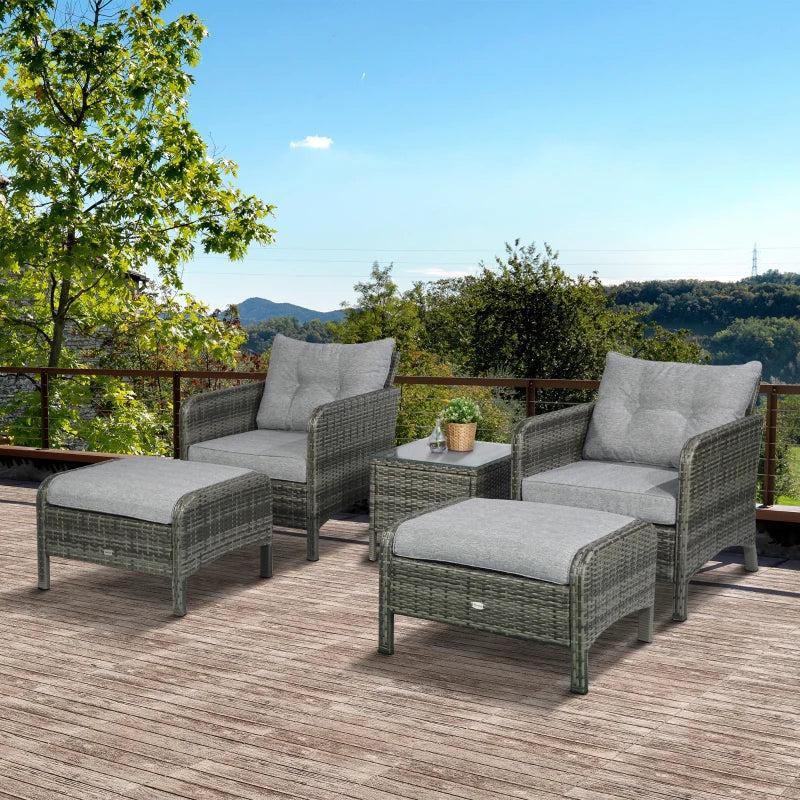 Outsunny 5 Pieces Rattan Wicker Lounge Chair Outdoor Patio Conversation Set with 2 Cushioned Chairs, 2 Ottomans & Tempered Glass Top Coffee Table, Grey