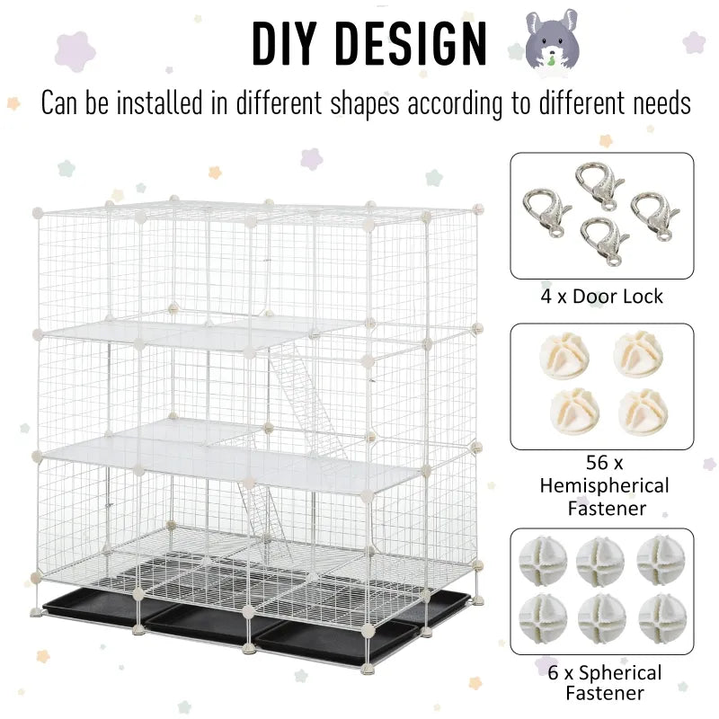 PawHut Home Indoor Pet Gate Cage for Your Small Pets w/ 6 Independent Trays  White