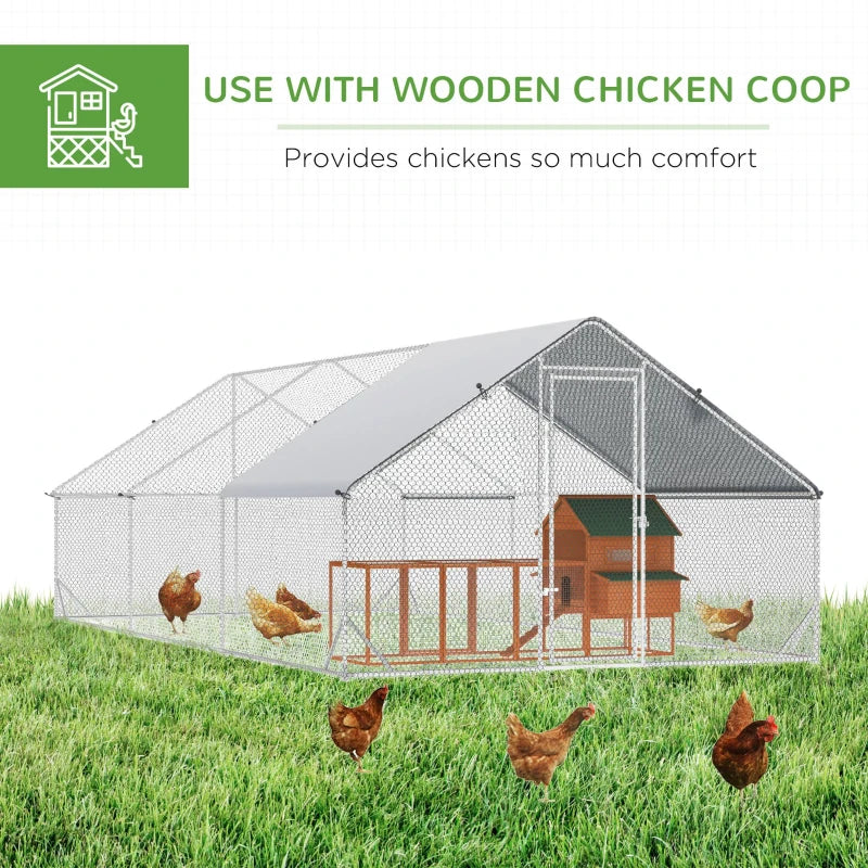PawHut Galvanized Large Metal Chicken Coop Cage Walk-in Enclosure Poultry Hen Run House Playpen Rabbit Hutch with Cover for Outdoor Backyard 9.2' x 24.9' x 6.5' Silver