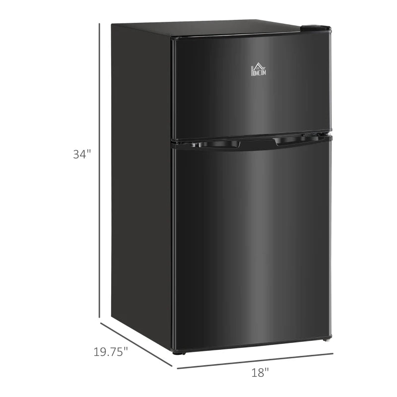 HOMCOM Double Door Mini Fridge with Freezer, 3.2 Cu.Ft Compact Refrigerator with Adjustable Shelf, Adjustable Thermostat and Reversible Door for Bedroom, Dorm, Home Office, Black