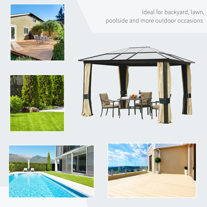Outsunny 10' x 12' Hardtop Gazebo Canopy with Polycarbonate Roof, Aluminum Frame, Permanent Pavilion Outdoor Gazebo with Netting and Curtains for Patio, Garden, Backyard, Lawn, Deck