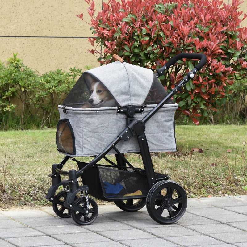 PawHut Pet Stroller Foldable Dog/Cat Travel Carriage with Reversible Handle EVA Wheels Brakes Storage Bag, 3-stage Canopy, Zippered Mesh Window Door, Grey