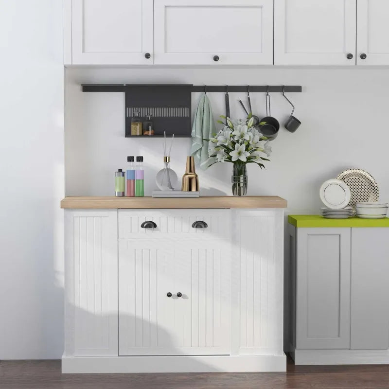 HOMCOM Fluted-Style Wooden Kitchen Island Cabinet with Drop Leaf, Drawer, Open Shelving, and Interior Shelving - White
