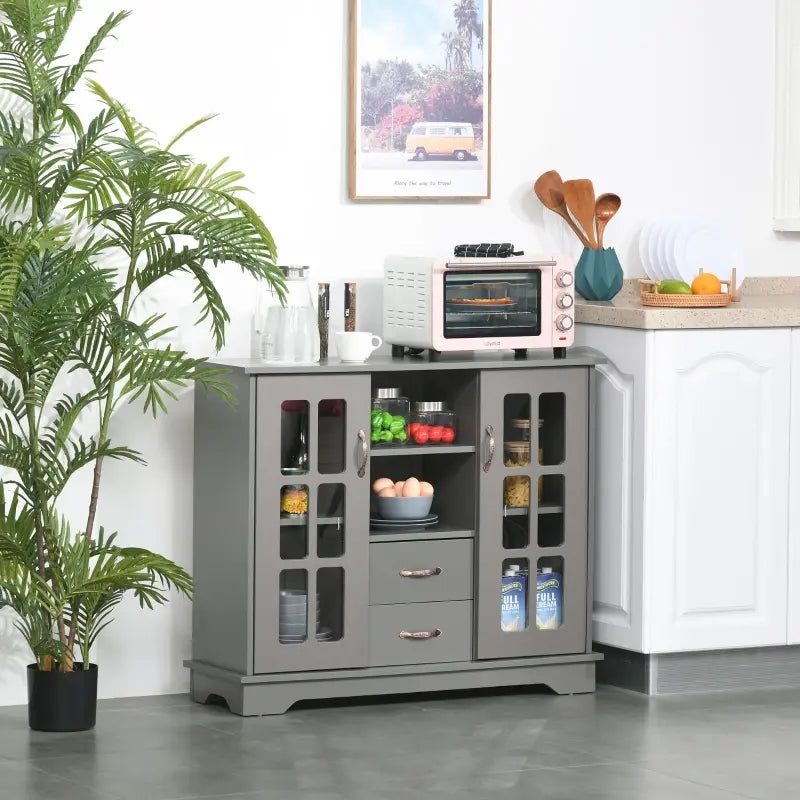 HOMCOM Sideboard Buffet Cabinet, Kitchen Cabinet, Coffee Bar Cabinet with 2 Framed Glass Doors, 2 Drawers and 2 Open Shelves for Living Room, Gray